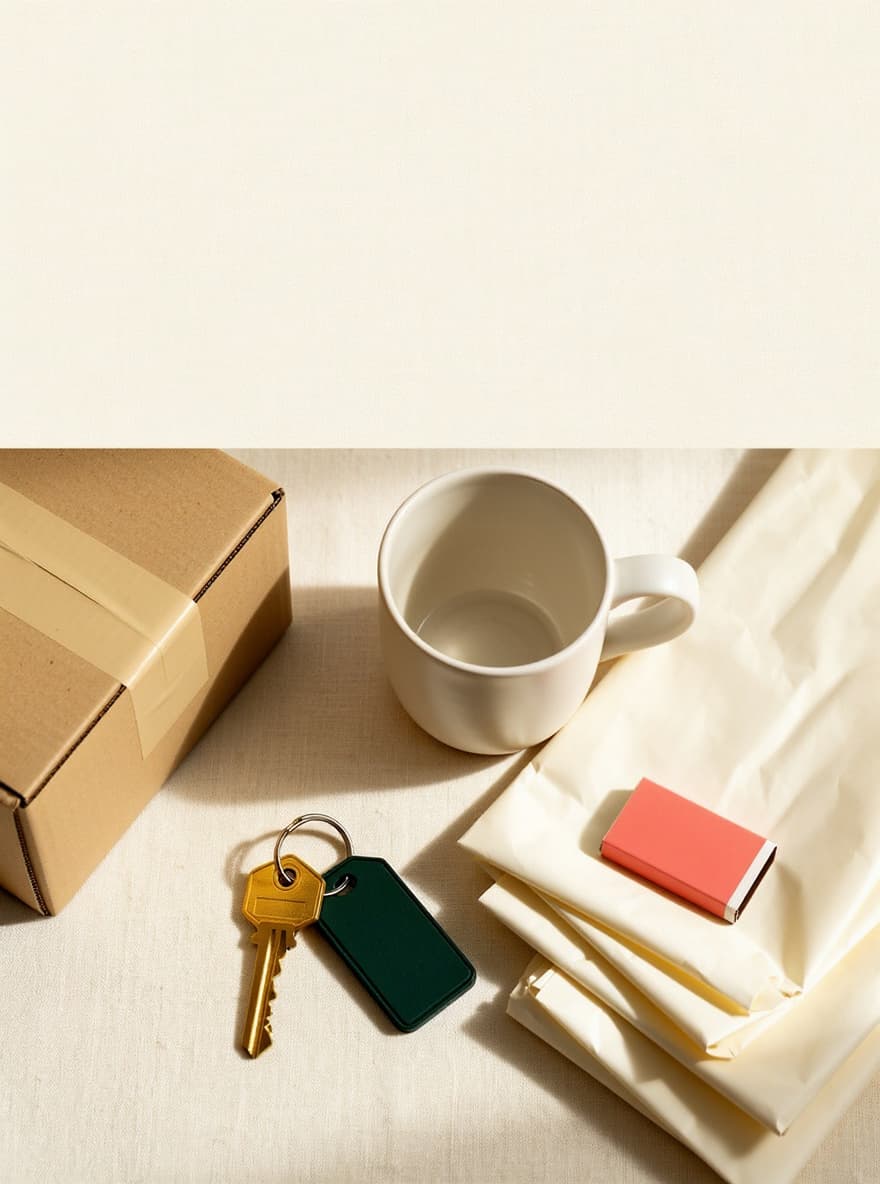A set of new house keys resting beside a moving box and packing paper.