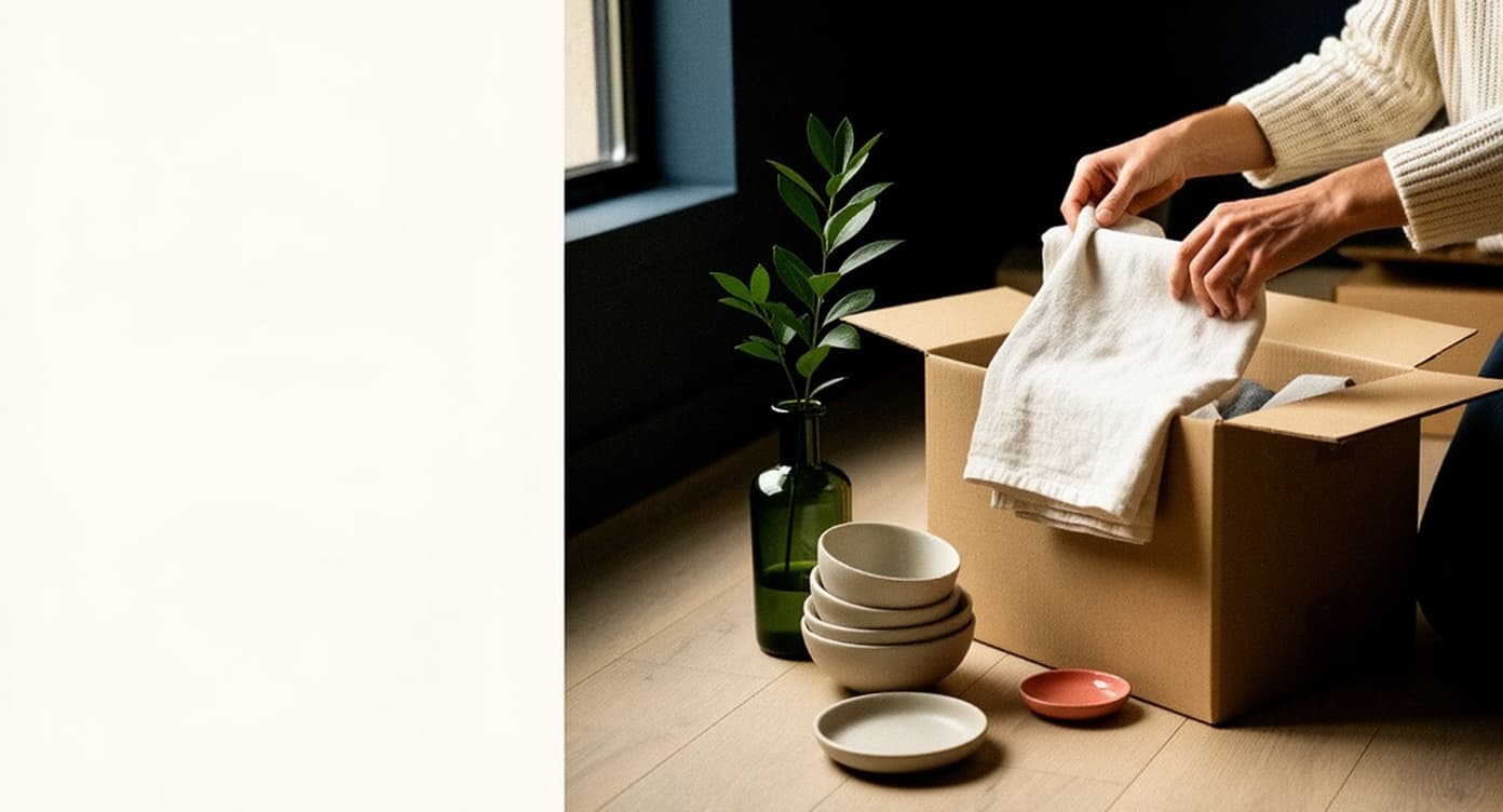 Moving boxes, folded linen, and kitchen ceramics being unpacked in a sunlit new home.