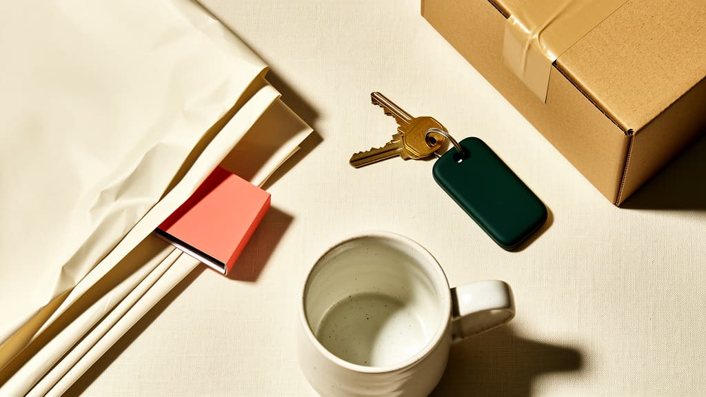 New house keys, a coffee mug, and packing paper beside a moving box.